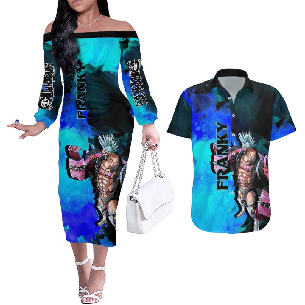 Franky One Piece Blue Theme Couples Matching Off The Shoulder Long Sleeve Dress and Hawaiian Shirt with Cyborg Design and Shipwright Pose - The Mazicc