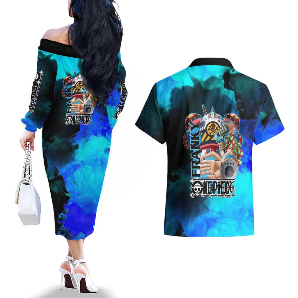 Franky One Piece Blue Theme Couples Matching Off The Shoulder Long Sleeve Dress and Hawaiian Shirt with Cyborg Design and Shipwright Pose - The Mazicc
