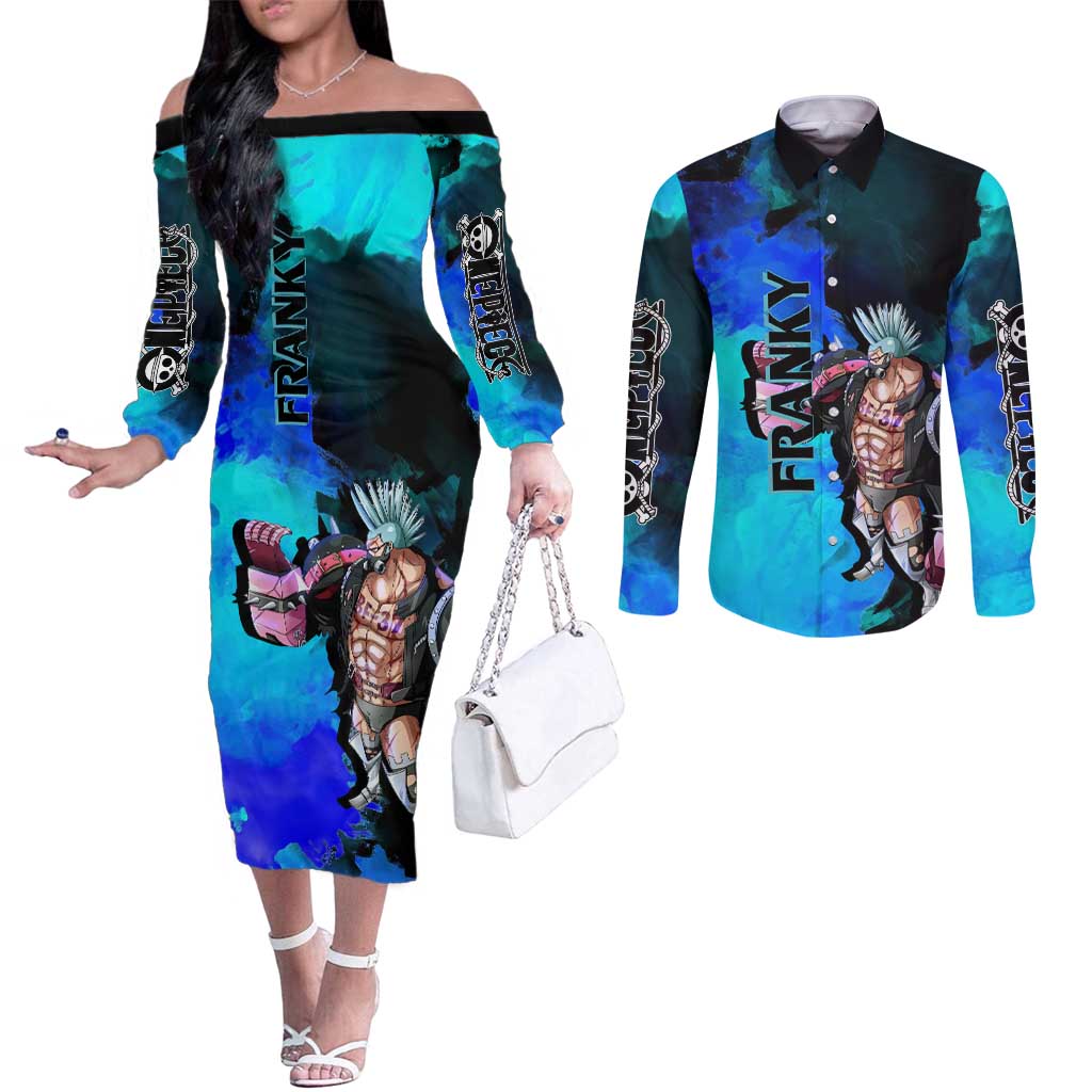 Franky One Piece Blue Theme Couples Matching Off The Shoulder Long Sleeve Dress and Long Sleeve Button Shirt with Cyborg Design and Shipwright Pose - The Mazicc