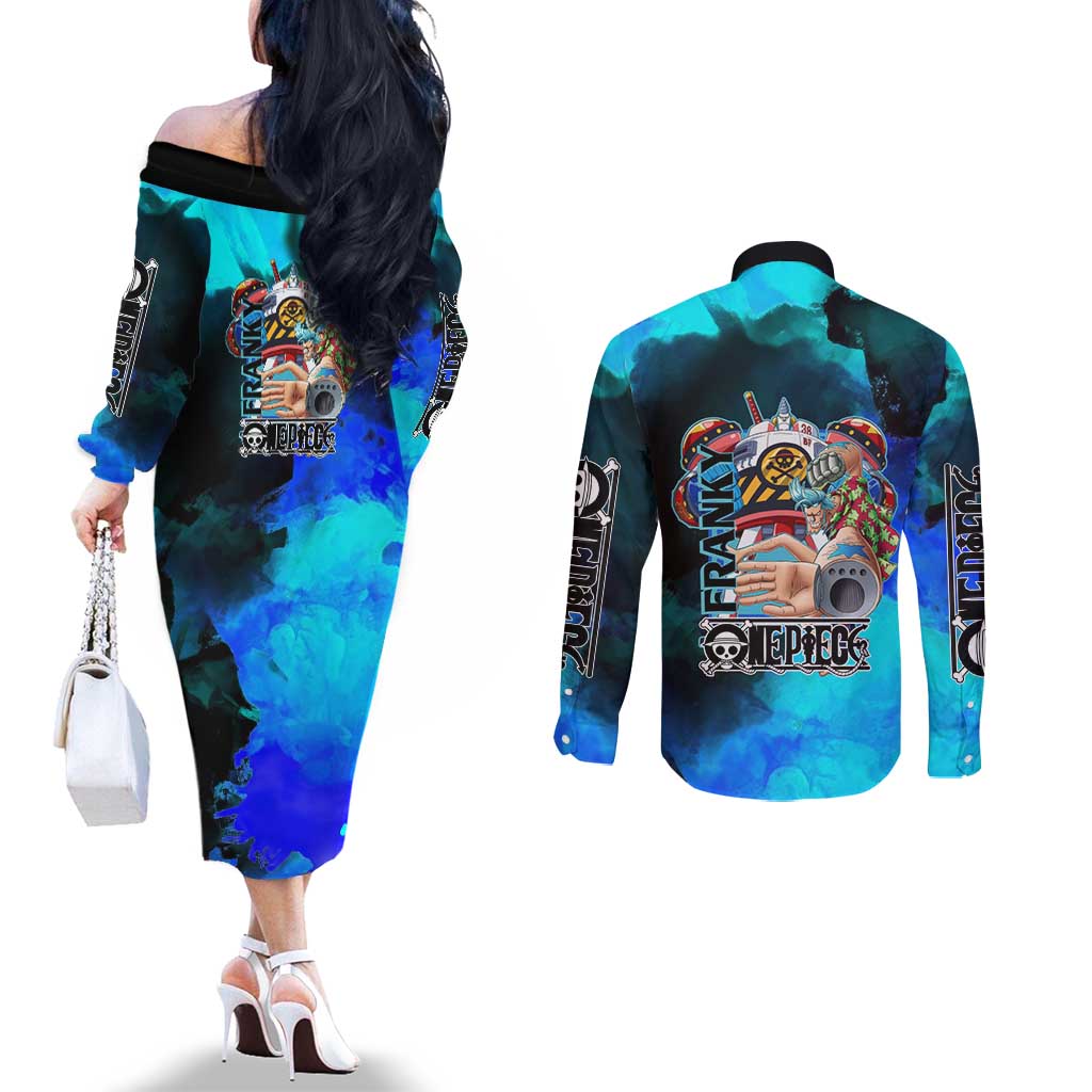 Franky One Piece Blue Theme Couples Matching Off The Shoulder Long Sleeve Dress and Long Sleeve Button Shirt with Cyborg Design and Shipwright Pose - The Mazicc