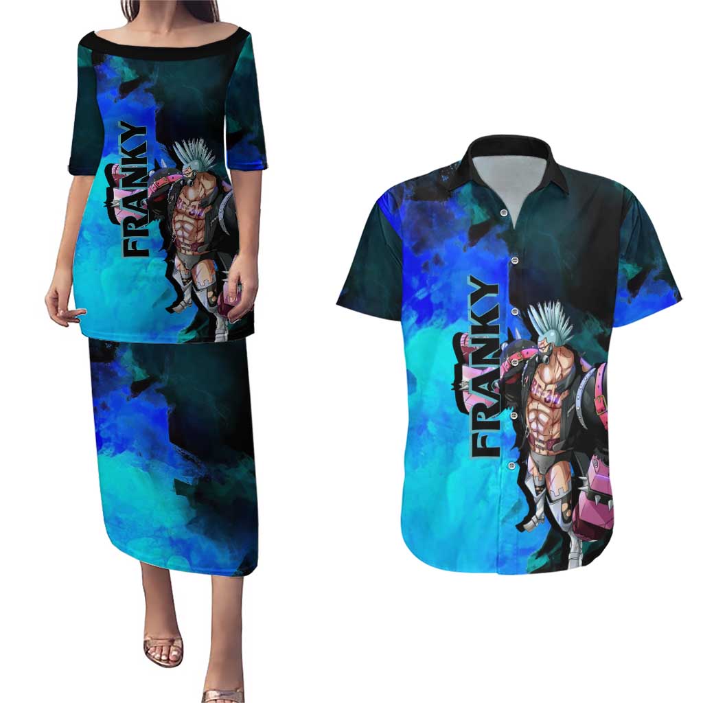 Franky One Piece Blue Theme Couples Matching Puletasi and Hawaiian Shirt with Cyborg Design and Shipwright Pose - The Mazicc