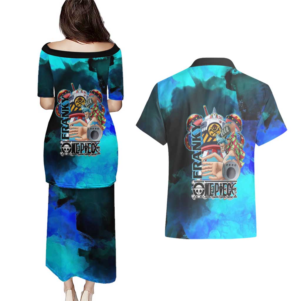 Franky One Piece Blue Theme Couples Matching Puletasi and Hawaiian Shirt with Cyborg Design and Shipwright Pose - The Mazicc
