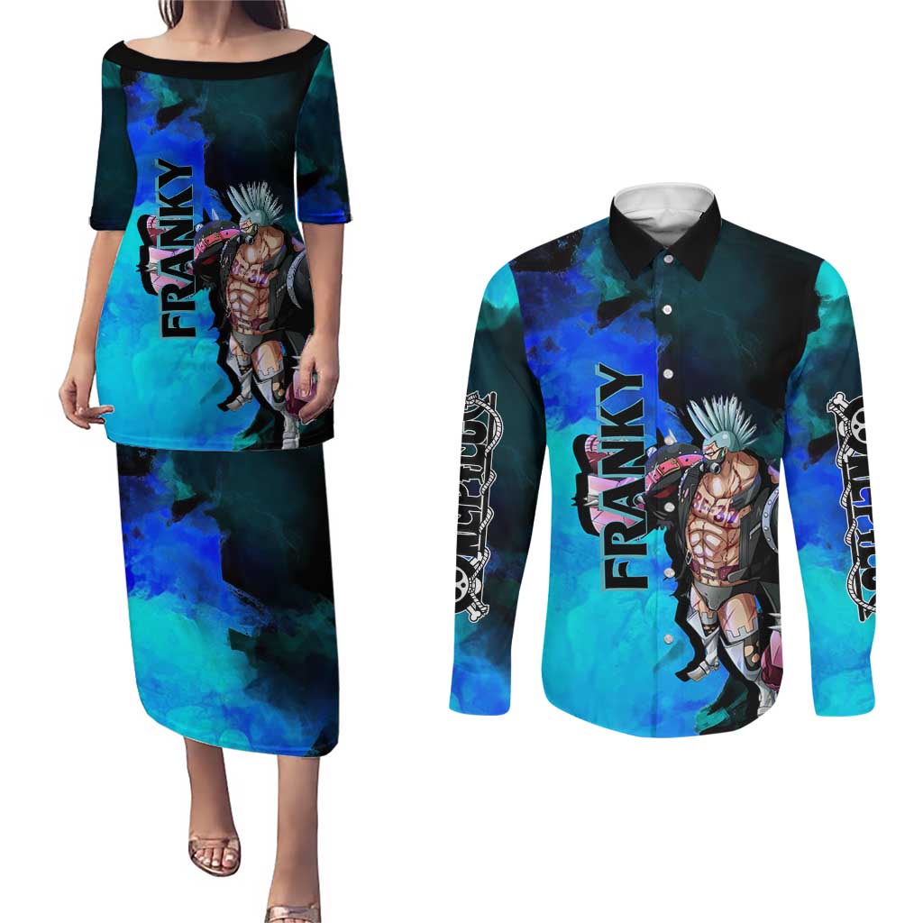 Franky One Piece Blue Theme Couples Matching Puletasi and Long Sleeve Button Shirt with Cyborg Design and Shipwright Pose - The Mazicc