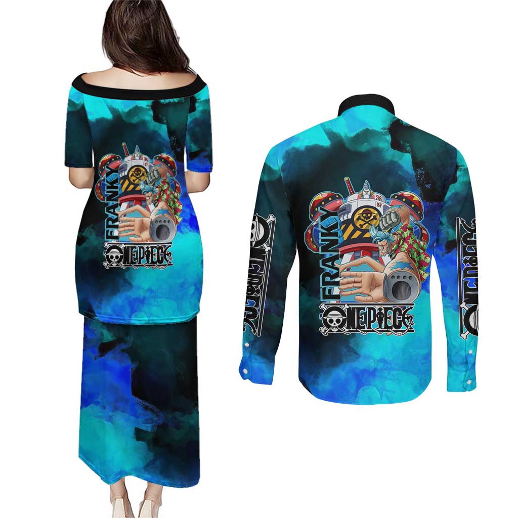 Franky One Piece Blue Theme Couples Matching Puletasi and Long Sleeve Button Shirt with Cyborg Design and Shipwright Pose - The Mazicc