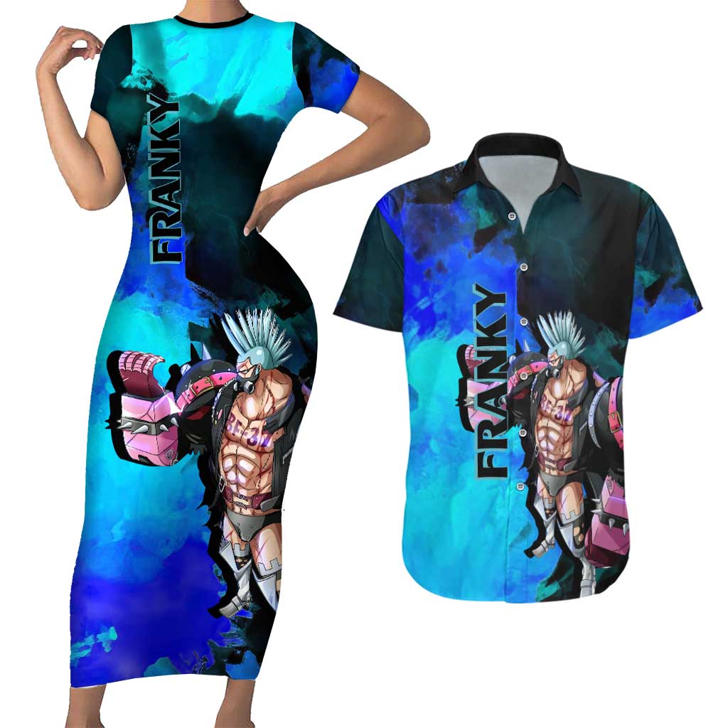 Franky One Piece Blue Theme Couples Matching Short Sleeve Bodycon Dress and Hawaiian Shirt with Cyborg Design and Shipwright Pose - The Mazicc