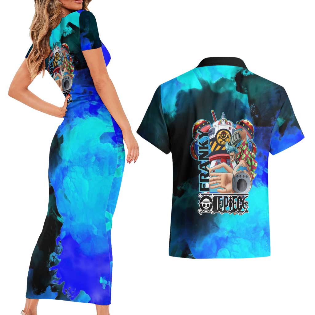 Franky One Piece Blue Theme Couples Matching Short Sleeve Bodycon Dress and Hawaiian Shirt with Cyborg Design and Shipwright Pose - The Mazicc