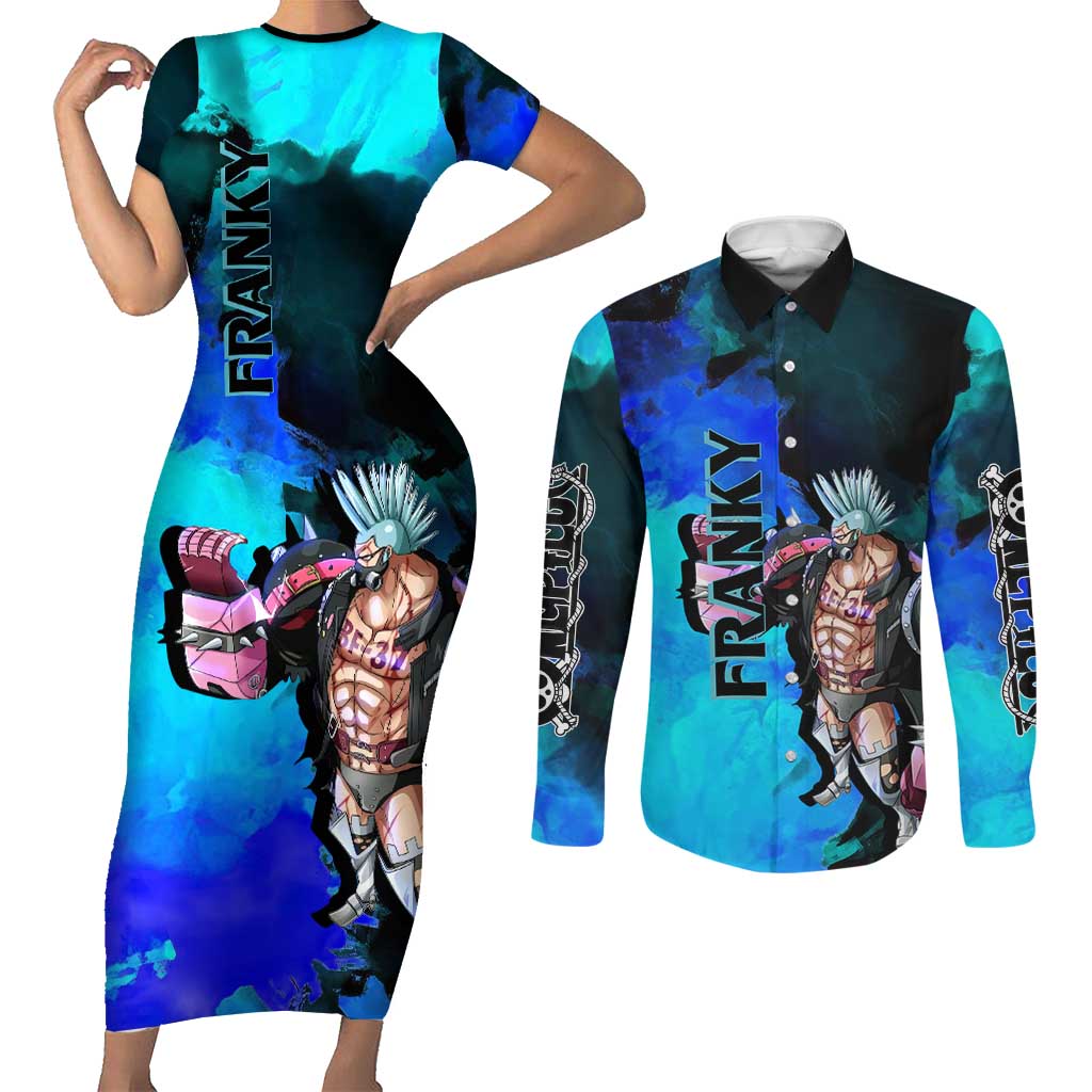 Franky One Piece Blue Theme Couples Matching Short Sleeve Bodycon Dress and Long Sleeve Button Shirt with Cyborg Design and Shipwright Pose - The Mazicc