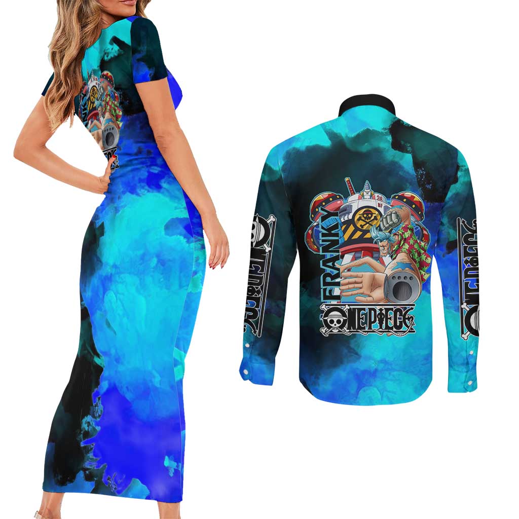Franky One Piece Blue Theme Couples Matching Short Sleeve Bodycon Dress and Long Sleeve Button Shirt with Cyborg Design and Shipwright Pose - The Mazicc