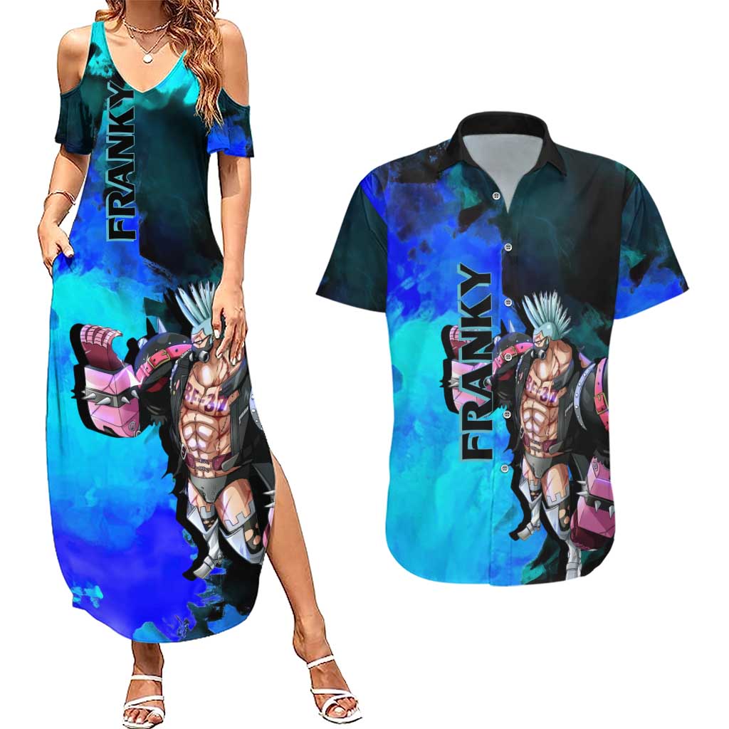 Franky One Piece Blue Theme Couples Matching Summer Maxi Dress and Hawaiian Shirt with Cyborg Design and Shipwright Pose - The Mazicc