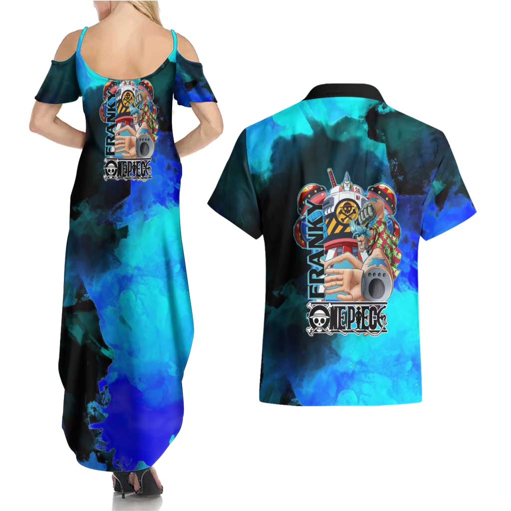 Franky One Piece Blue Theme Couples Matching Summer Maxi Dress and Hawaiian Shirt with Cyborg Design and Shipwright Pose - The Mazicc