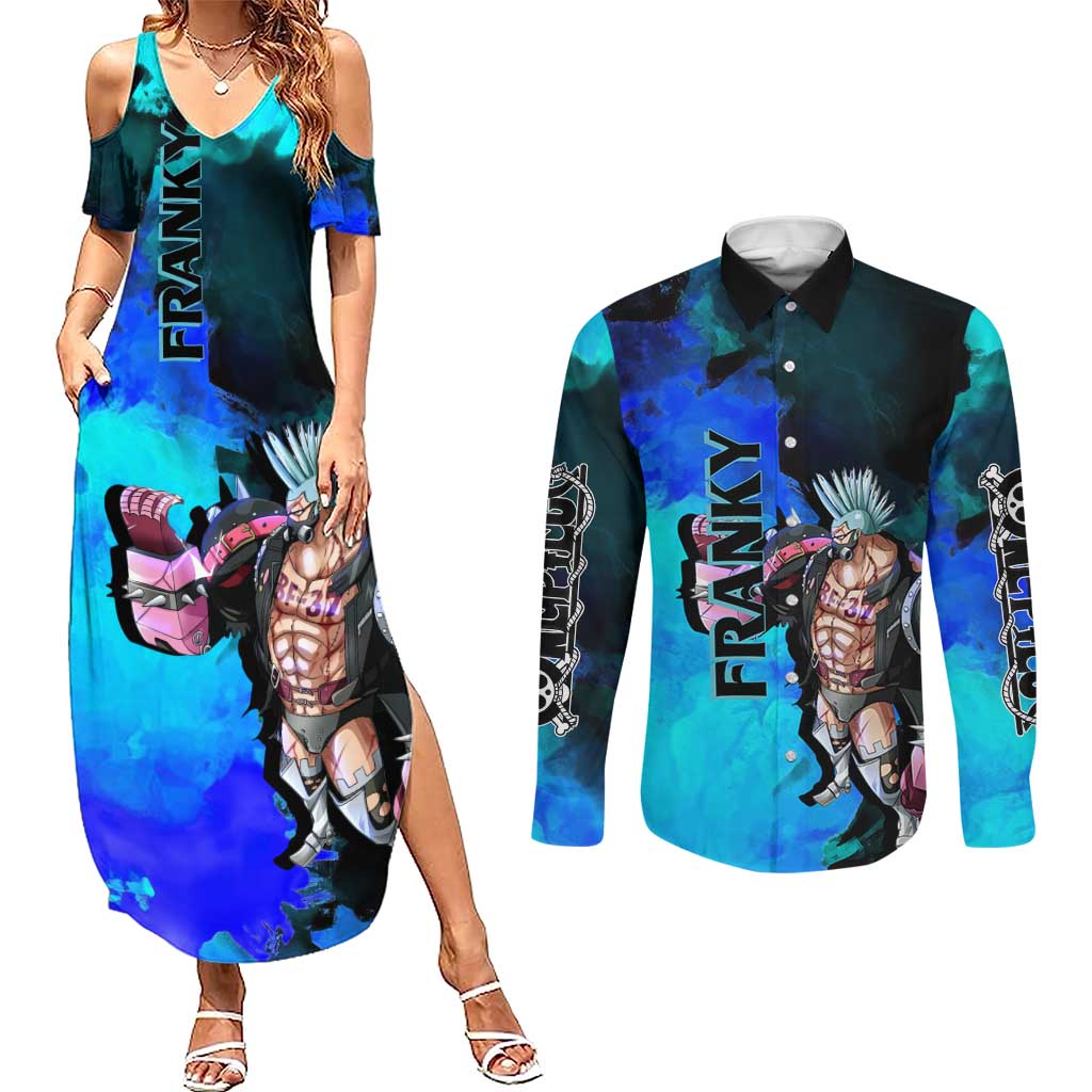 Franky One Piece Blue Theme Couples Matching Summer Maxi Dress and Long Sleeve Button Shirt with Cyborg Design and Shipwright Pose - The Mazicc