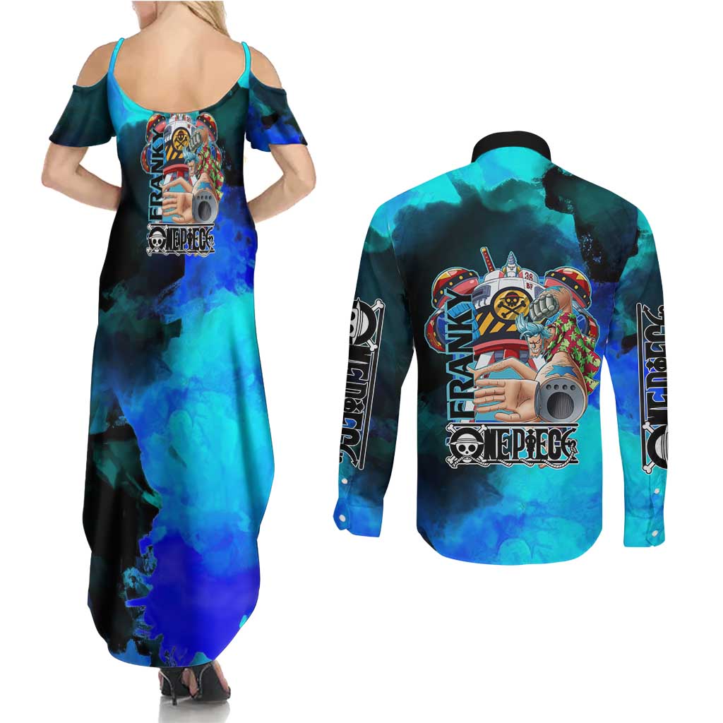Franky One Piece Blue Theme Couples Matching Summer Maxi Dress and Long Sleeve Button Shirt with Cyborg Design and Shipwright Pose - The Mazicc