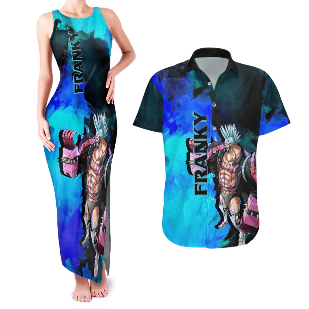 Franky One Piece Blue Theme Couples Matching Tank Maxi Dress and Hawaiian Shirt with Cyborg Design and Shipwright Pose - The Mazicc