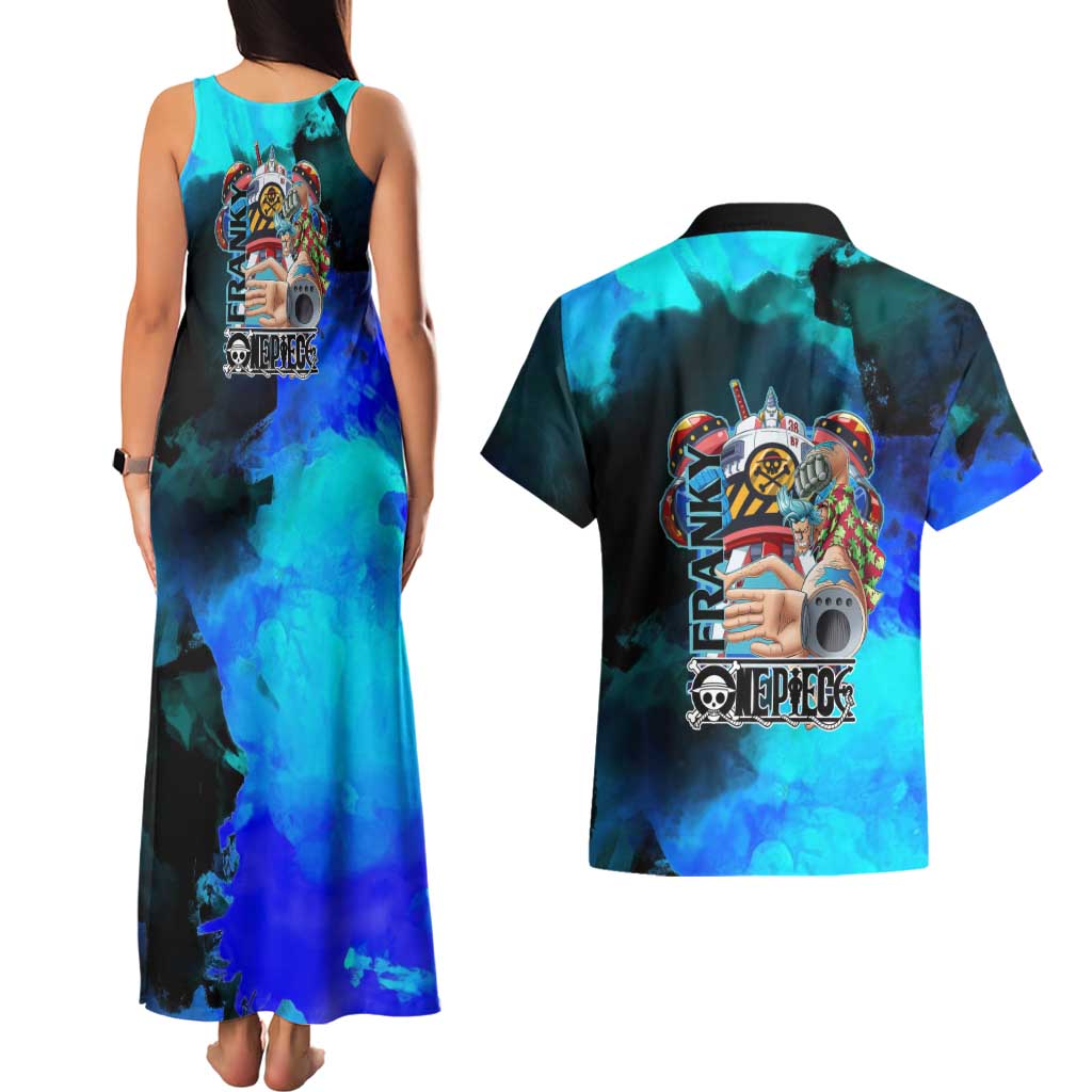 Franky One Piece Blue Theme Couples Matching Tank Maxi Dress and Hawaiian Shirt with Cyborg Design and Shipwright Pose - The Mazicc