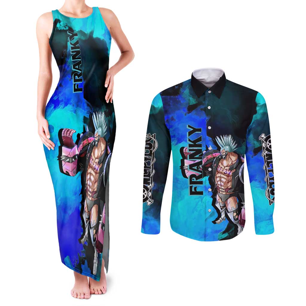 Franky One Piece Blue Theme Couples Matching Tank Maxi Dress and Long Sleeve Button Shirt with Cyborg Design and Shipwright Pose - The Mazicc