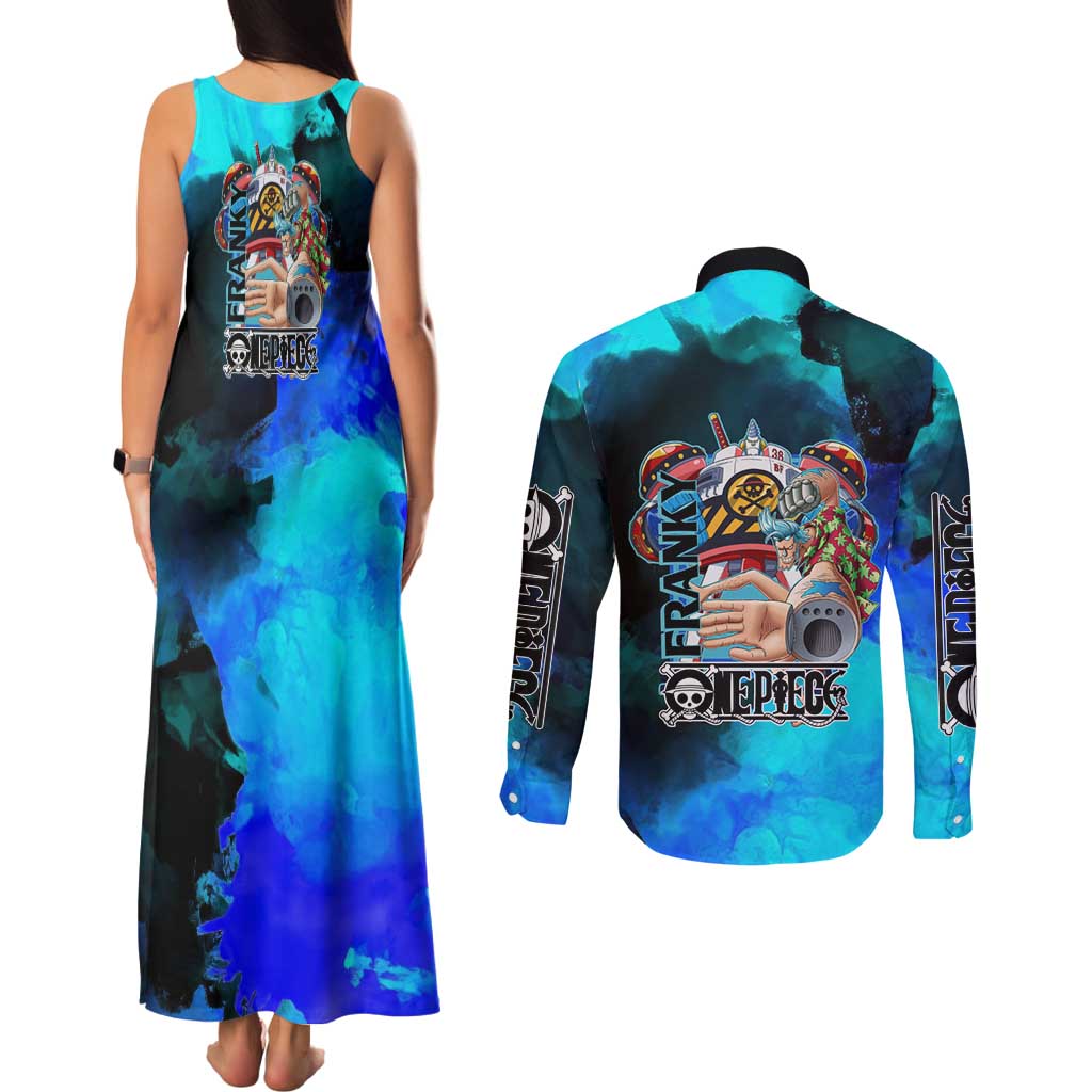 Franky One Piece Blue Theme Couples Matching Tank Maxi Dress and Long Sleeve Button Shirt with Cyborg Design and Shipwright Pose - The Mazicc