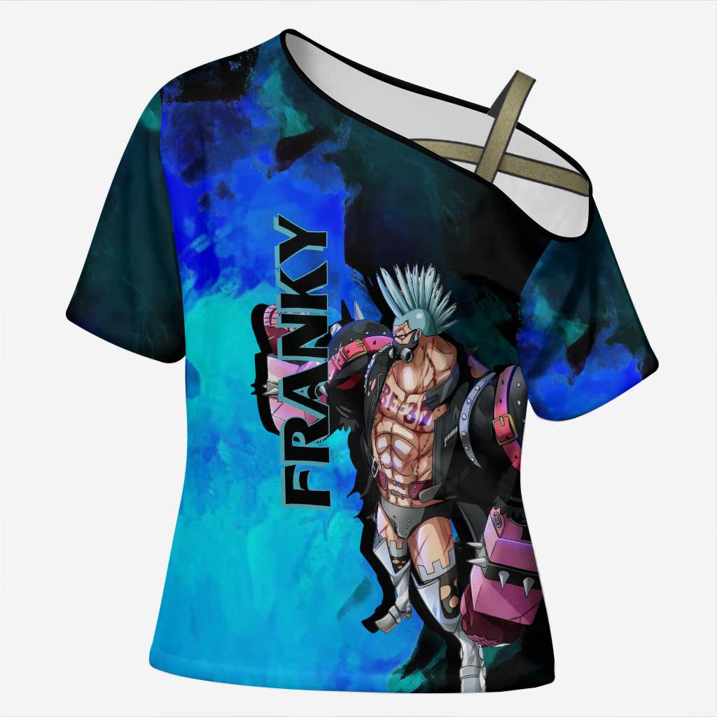 Franky One Piece Blue Theme Cross Shoulder Shirt with Cyborg Design and Shipwright Pose - The Mazicc
