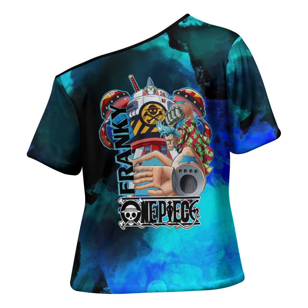 Franky One Piece Blue Theme Cross Shoulder Shirt with Cyborg Design and Shipwright Pose - The Mazicc