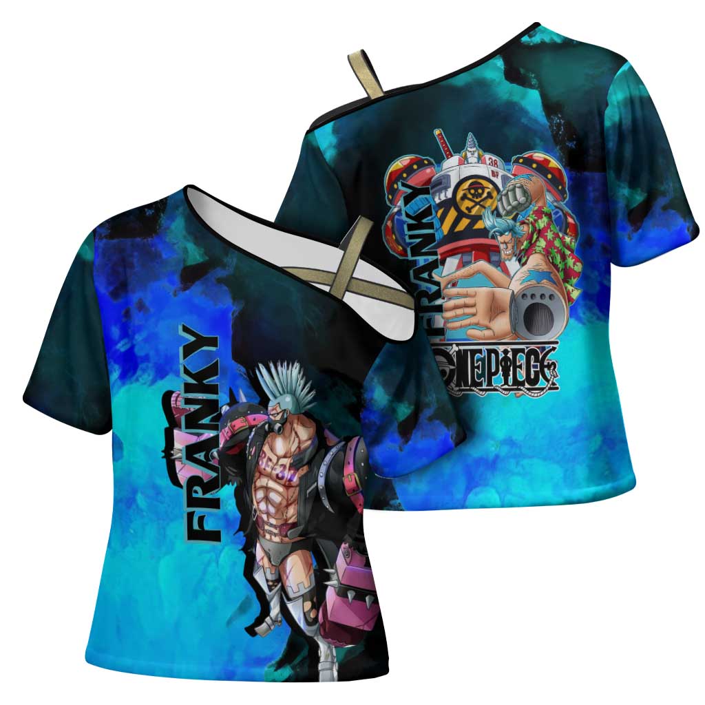 Franky One Piece Blue Theme Cross Shoulder Shirt with Cyborg Design and Shipwright Pose - The Mazicc