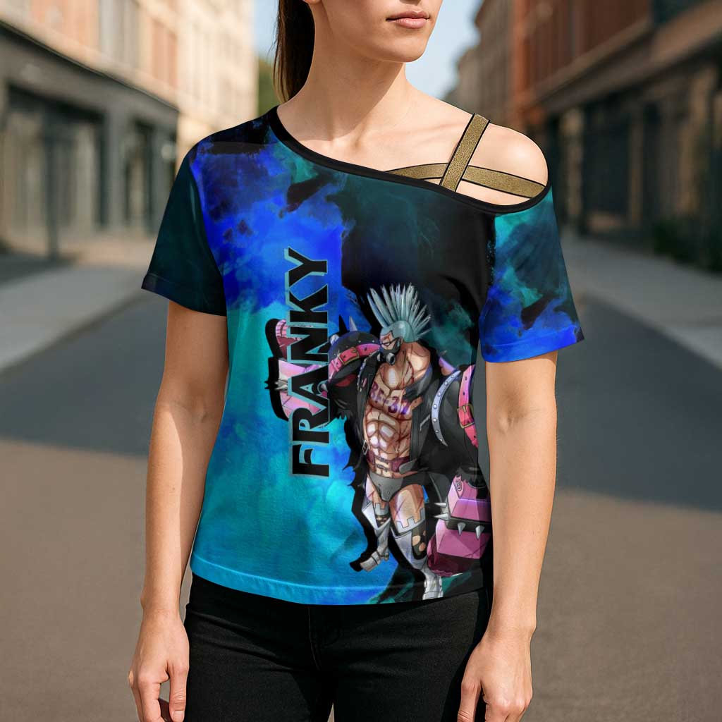 Franky One Piece Blue Theme Cross Shoulder Shirt with Cyborg Design and Shipwright Pose - The Mazicc