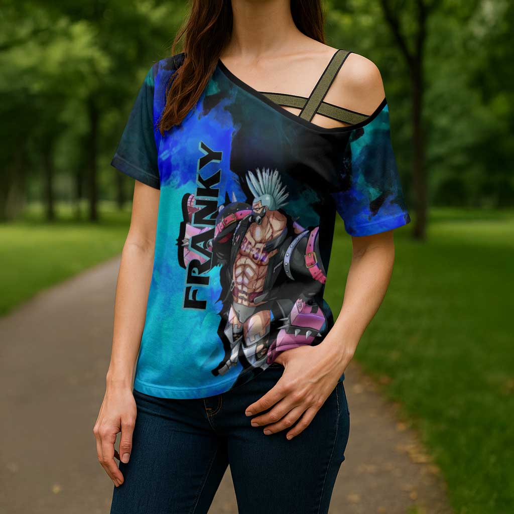 Franky One Piece Blue Theme Cross Shoulder Shirt with Cyborg Design and Shipwright Pose - The Mazicc