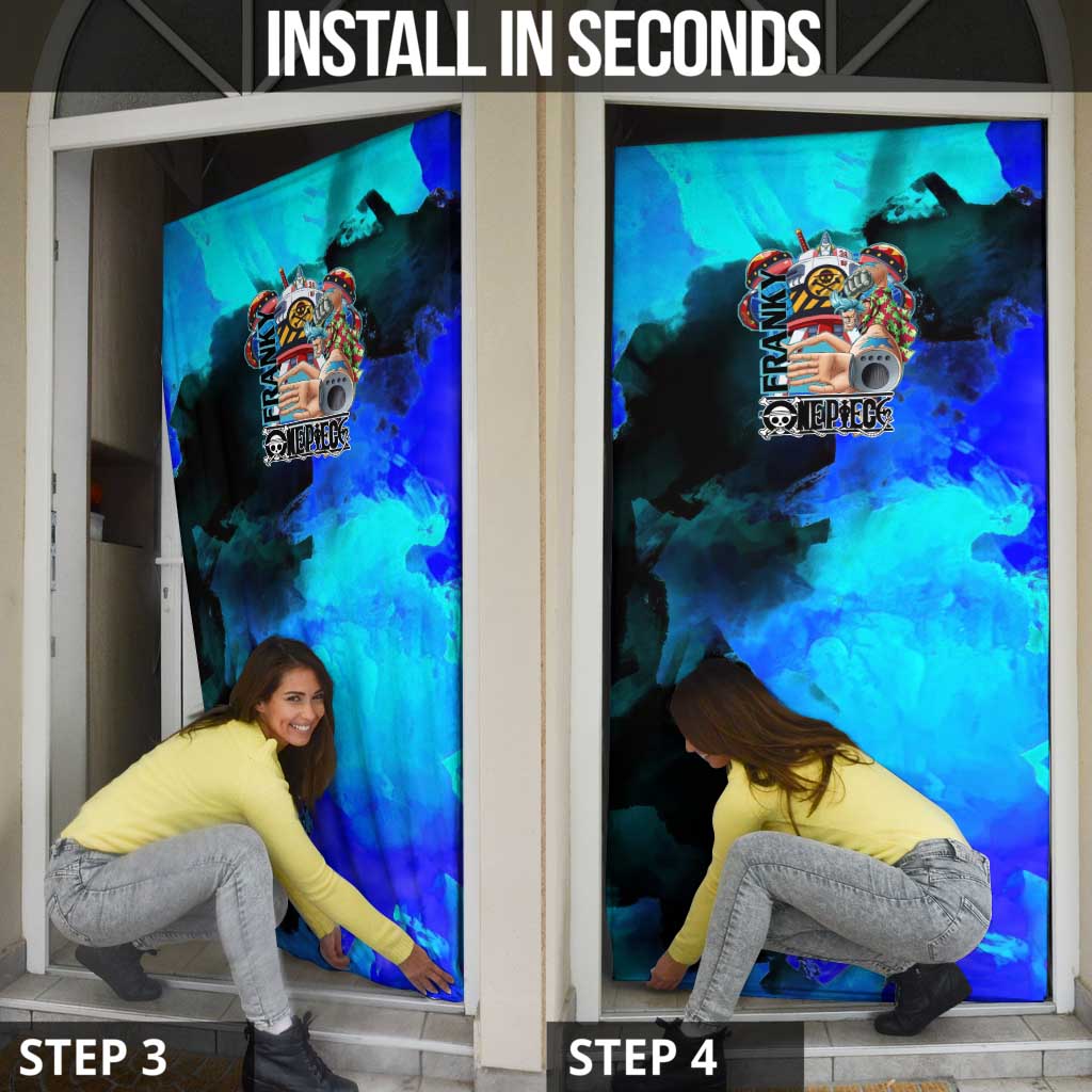 Franky One Piece Blue Theme Door Cover with Cyborg Design and Shipwright Pose - The Mazicc