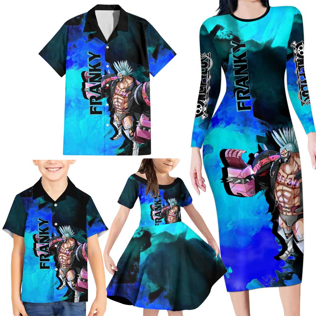 Franky One Piece Blue Theme Family Matching Long Sleeve Bodycon Dress and Hawaiian Shirt with Cyborg Design and Shipwright Pose