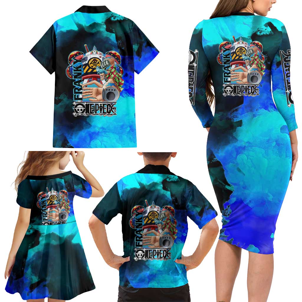 Franky One Piece Blue Theme Family Matching Long Sleeve Bodycon Dress and Hawaiian Shirt with Cyborg Design and Shipwright Pose