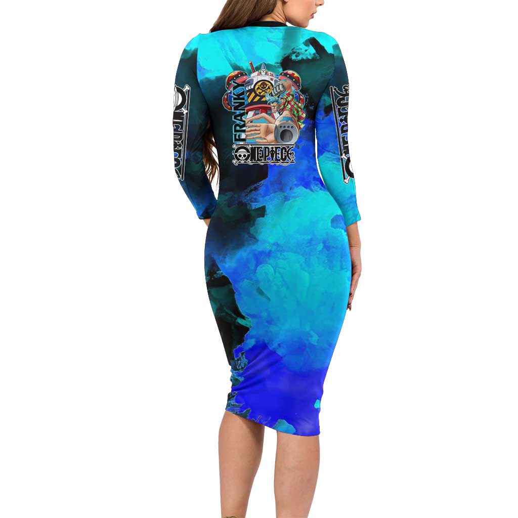 Franky One Piece Blue Theme Family Matching Long Sleeve Bodycon Dress and Hawaiian Shirt with Cyborg Design and Shipwright Pose