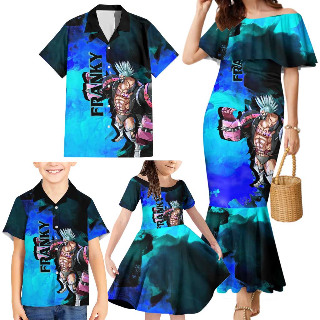Franky One Piece Blue Theme Family Matching Mermaid Dress and Hawaiian Shirt with Cyborg Design and Shipwright Pose