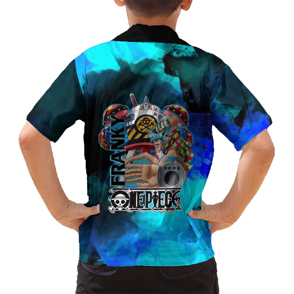 Franky One Piece Blue Theme Family Matching Mermaid Dress and Hawaiian Shirt with Cyborg Design and Shipwright Pose