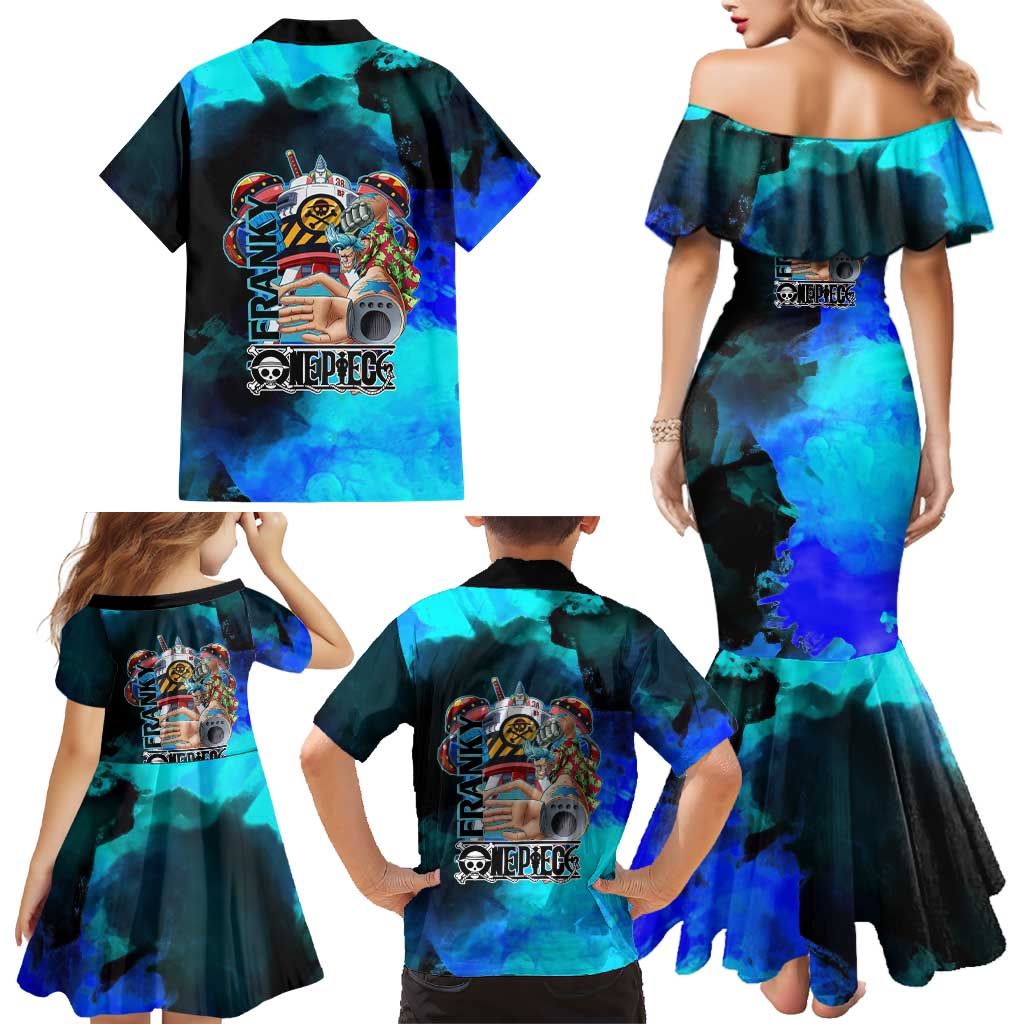 Franky One Piece Blue Theme Family Matching Mermaid Dress and Hawaiian Shirt with Cyborg Design and Shipwright Pose