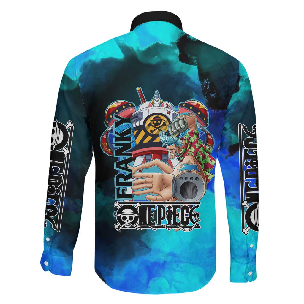 Franky One Piece Blue Theme Family Matching Mermaid Dress and Hawaiian Shirt with Cyborg Design and Shipwright Pose