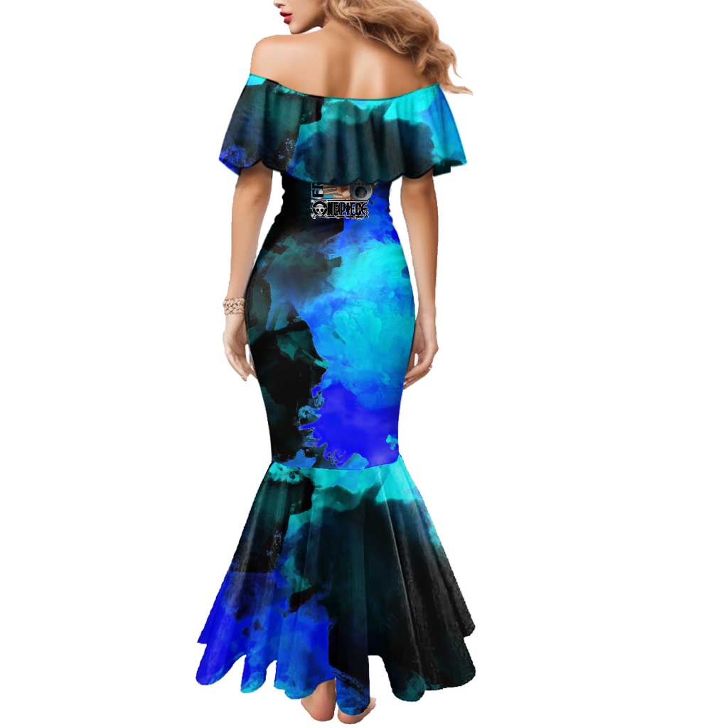 Franky One Piece Blue Theme Family Matching Mermaid Dress and Hawaiian Shirt with Cyborg Design and Shipwright Pose