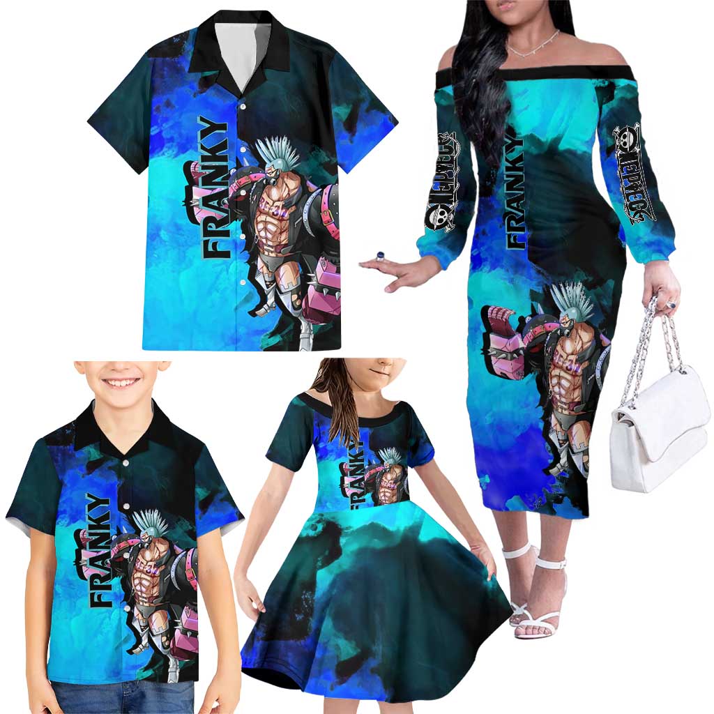 Franky One Piece Blue Theme Family Matching Off The Shoulder Long Sleeve Dress and Hawaiian Shirt with Cyborg Design and Shipwright Pose
