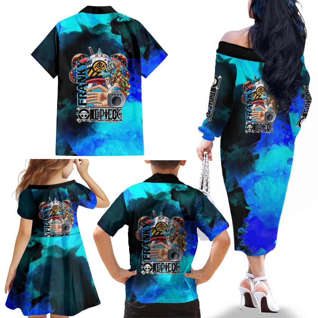 Franky One Piece Blue Theme Family Matching Off The Shoulder Long Sleeve Dress and Hawaiian Shirt with Cyborg Design and Shipwright Pose