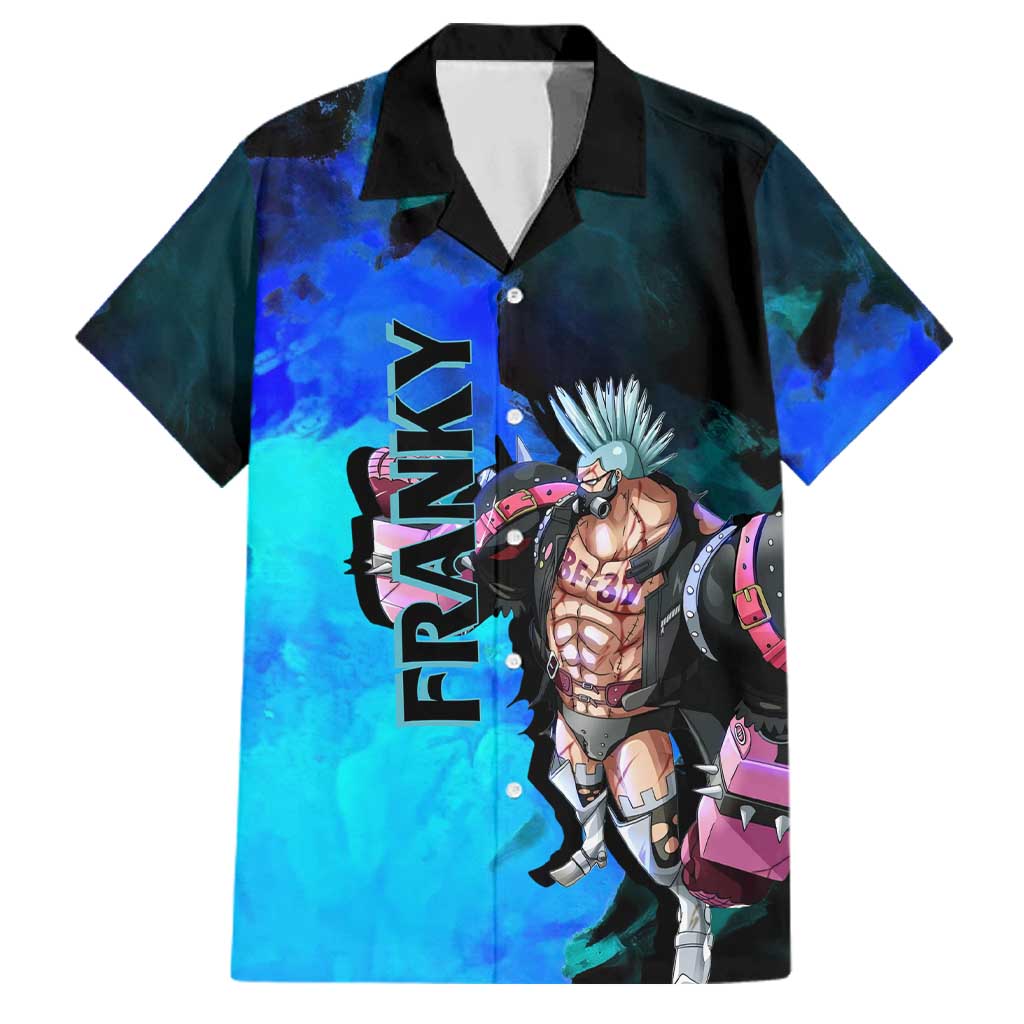 Franky One Piece Blue Theme Family Matching Off The Shoulder Long Sleeve Dress and Hawaiian Shirt with Cyborg Design and Shipwright Pose