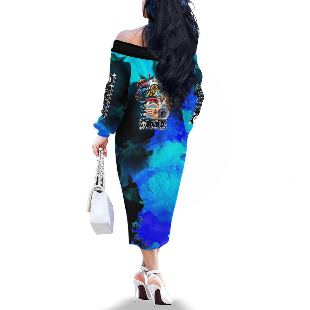 Franky One Piece Blue Theme Family Matching Off The Shoulder Long Sleeve Dress and Hawaiian Shirt with Cyborg Design and Shipwright Pose
