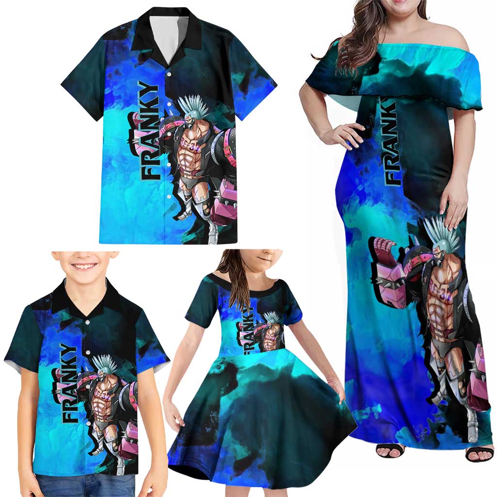 Franky One Piece Blue Theme Family Matching Off Shoulder Maxi Dress and Hawaiian Shirt with Cyborg Design and Shipwright Pose