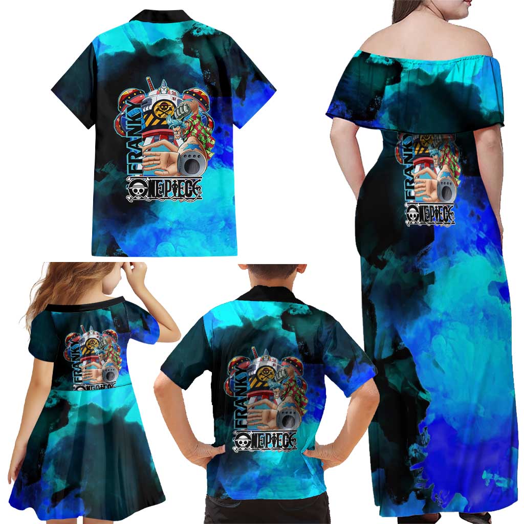 Franky One Piece Blue Theme Family Matching Off Shoulder Maxi Dress and Hawaiian Shirt with Cyborg Design and Shipwright Pose