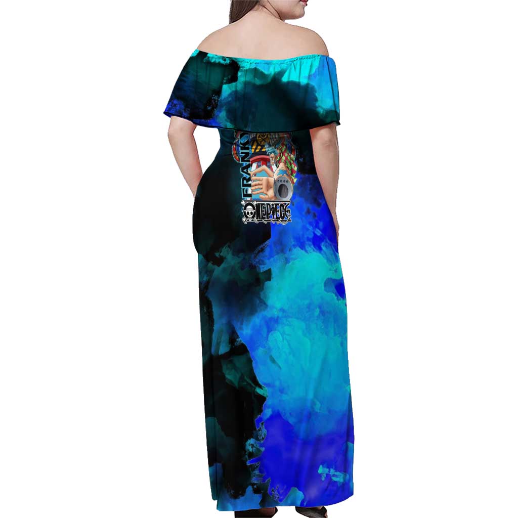 Franky One Piece Blue Theme Family Matching Off Shoulder Maxi Dress and Hawaiian Shirt with Cyborg Design and Shipwright Pose