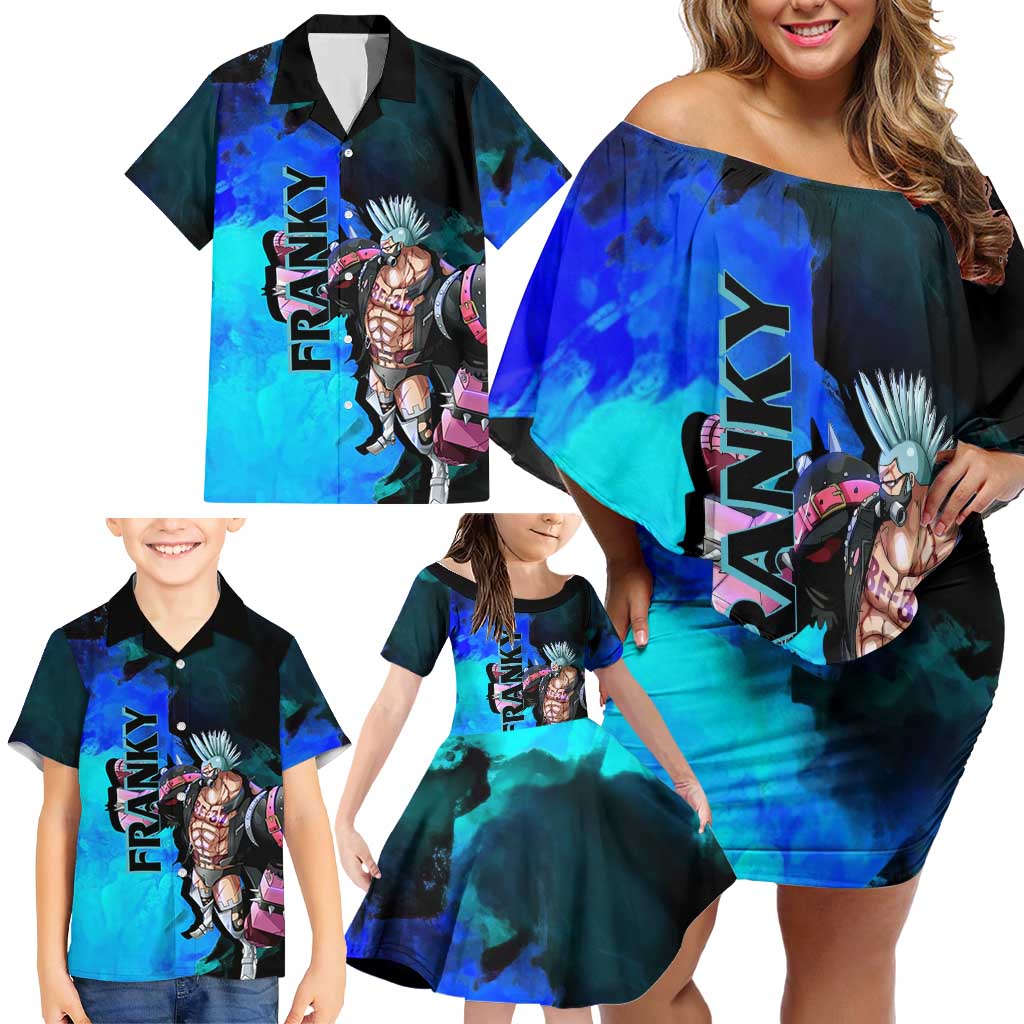Franky One Piece Blue Theme Family Matching Off Shoulder Short Dress and Hawaiian Shirt with Cyborg Design and Shipwright Pose
