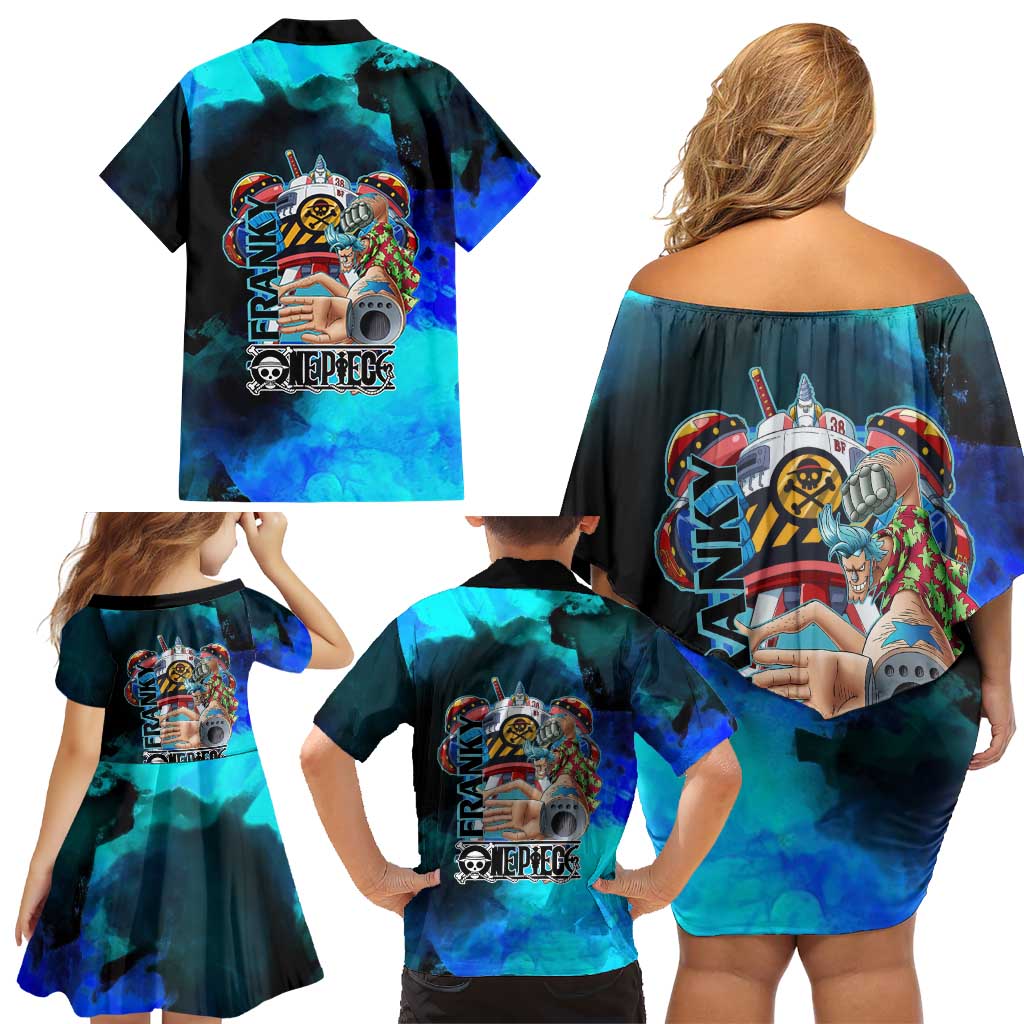 Franky One Piece Blue Theme Family Matching Off Shoulder Short Dress and Hawaiian Shirt with Cyborg Design and Shipwright Pose