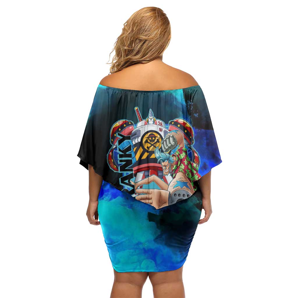 Franky One Piece Blue Theme Family Matching Off Shoulder Short Dress and Hawaiian Shirt with Cyborg Design and Shipwright Pose