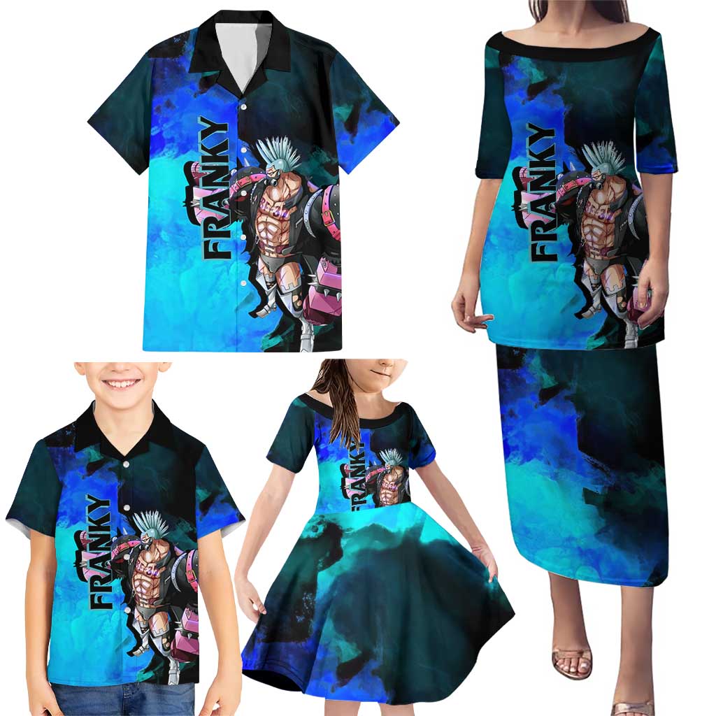 Franky One Piece Blue Theme Family Matching Puletasi and Hawaiian Shirt with Cyborg Design and Shipwright Pose