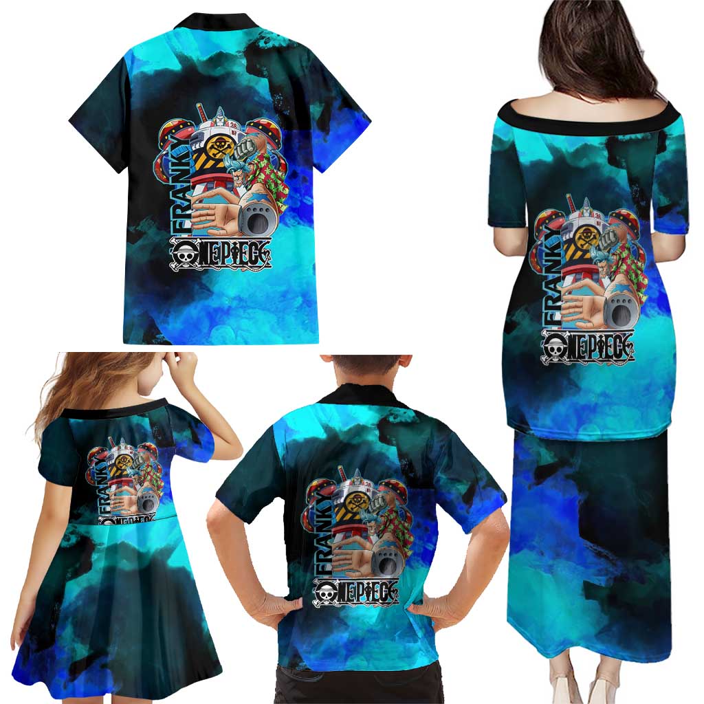 Franky One Piece Blue Theme Family Matching Puletasi and Hawaiian Shirt with Cyborg Design and Shipwright Pose