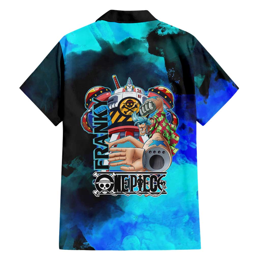 Franky One Piece Blue Theme Family Matching Puletasi and Hawaiian Shirt with Cyborg Design and Shipwright Pose