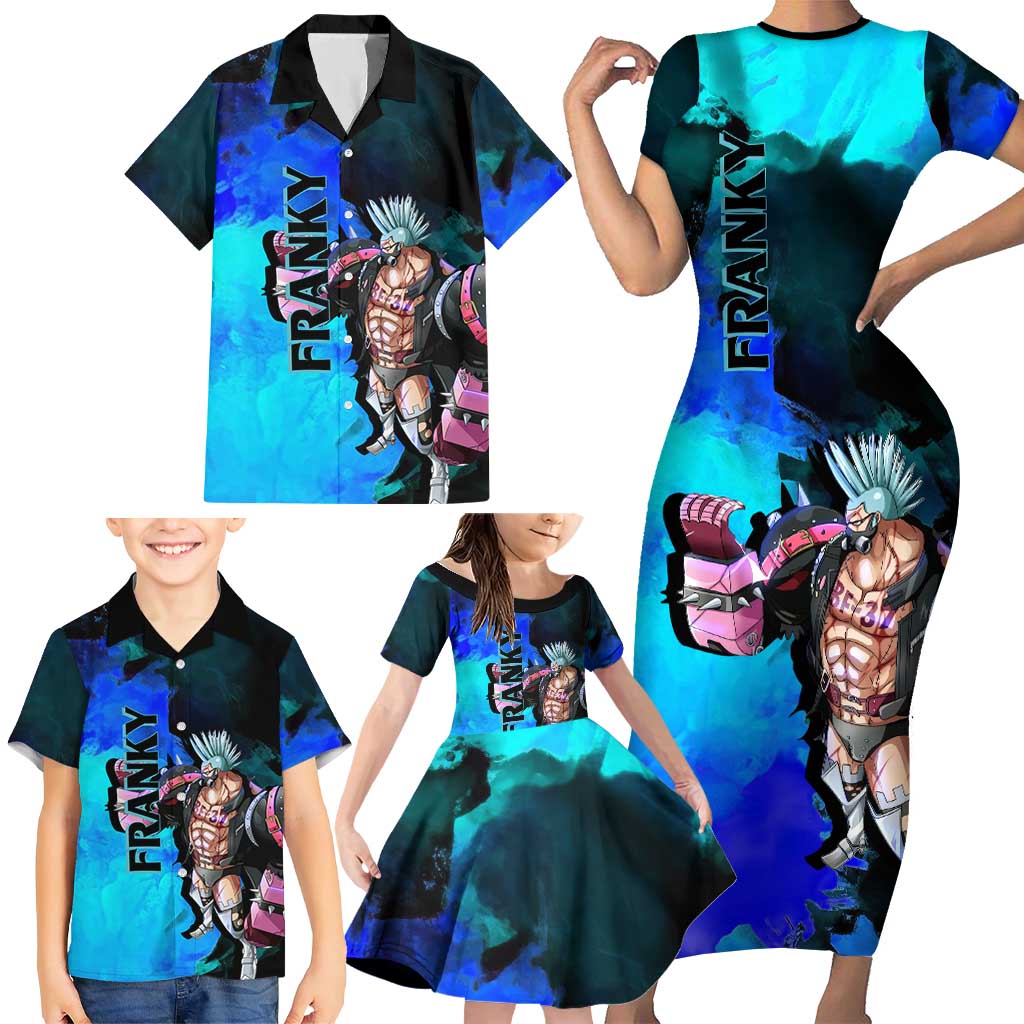 Franky One Piece Blue Theme Family Matching Short Sleeve Bodycon Dress and Hawaiian Shirt with Cyborg Design and Shipwright Pose