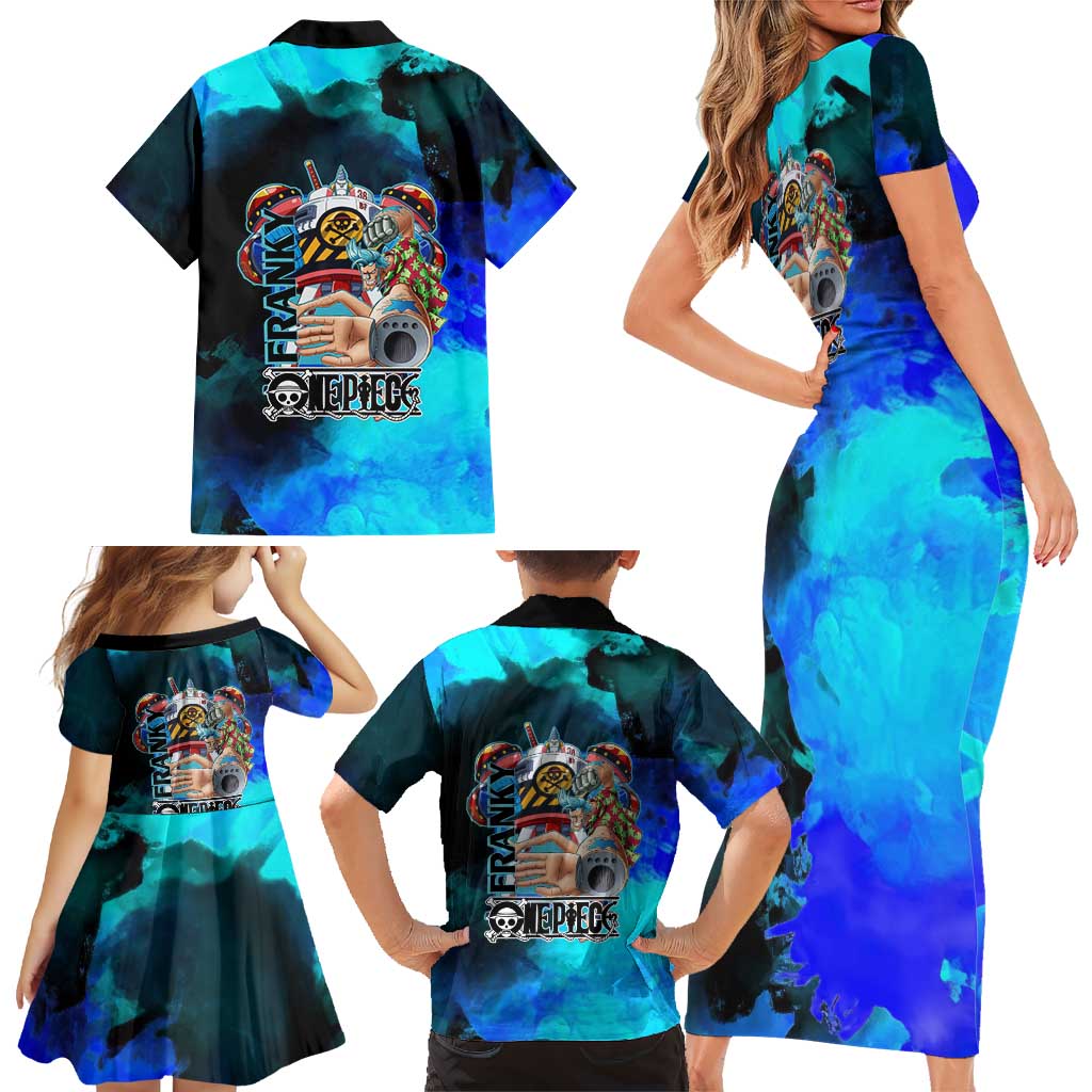 Franky One Piece Blue Theme Family Matching Short Sleeve Bodycon Dress and Hawaiian Shirt with Cyborg Design and Shipwright Pose
