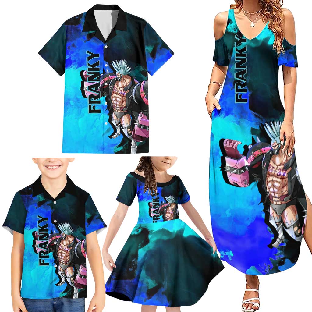 Franky One Piece Blue Theme Family Matching Summer Maxi Dress and Hawaiian Shirt with Cyborg Design and Shipwright Pose
